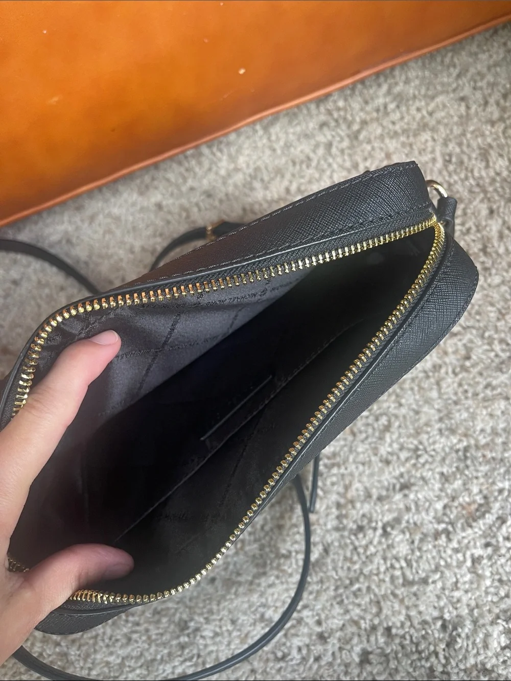 Michael Kors Black Crossbody Camera Bag with Gold Chain Detail